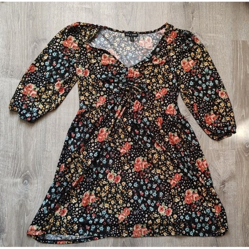 As U Wish Mini Dress Floral‎ Black Small V Neck Hippie Boho 3/4 Sleeve Estilo